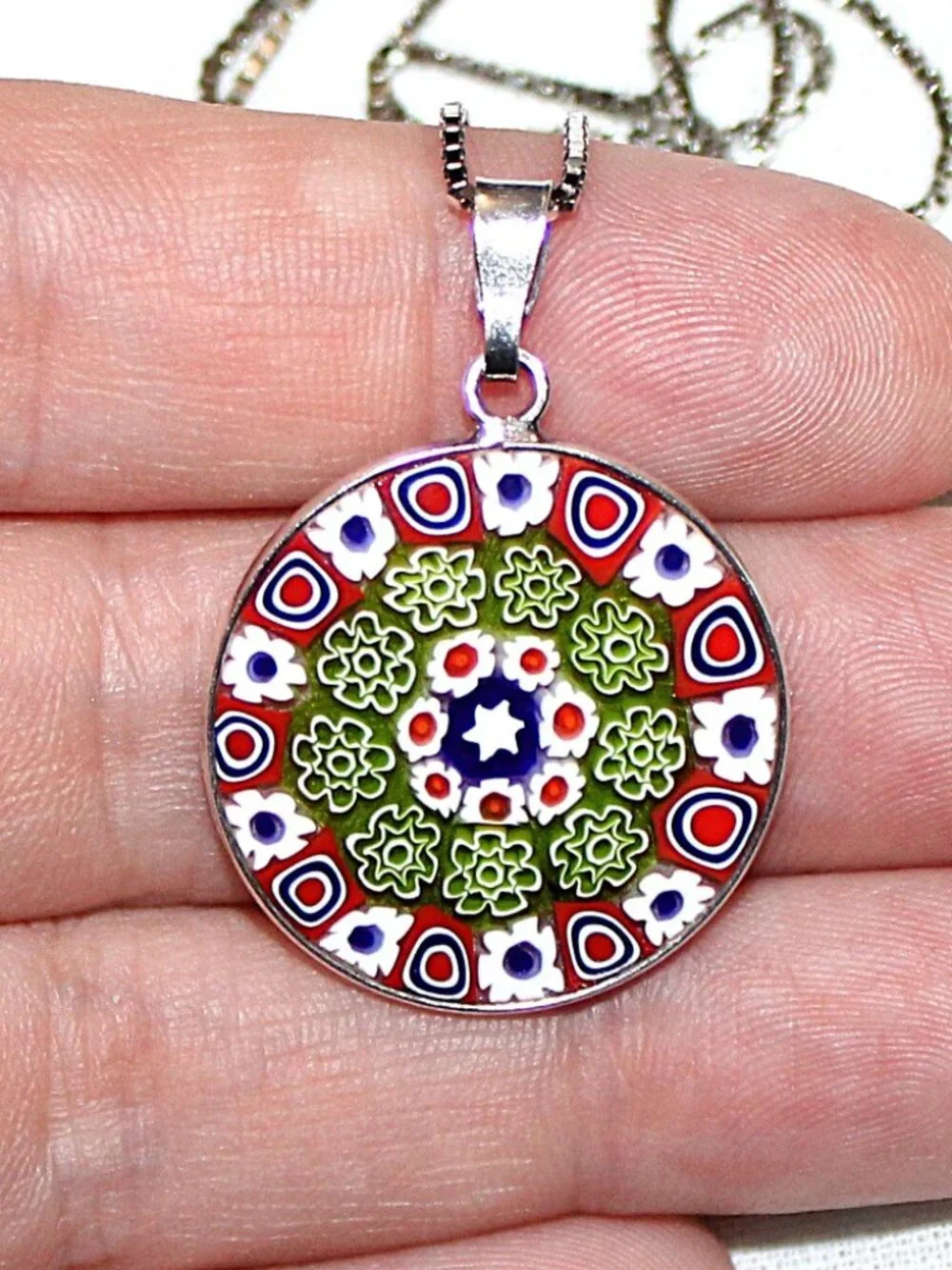 Sterling Silver Stefani St Jaques Millefiori Glass Medallion Necklace